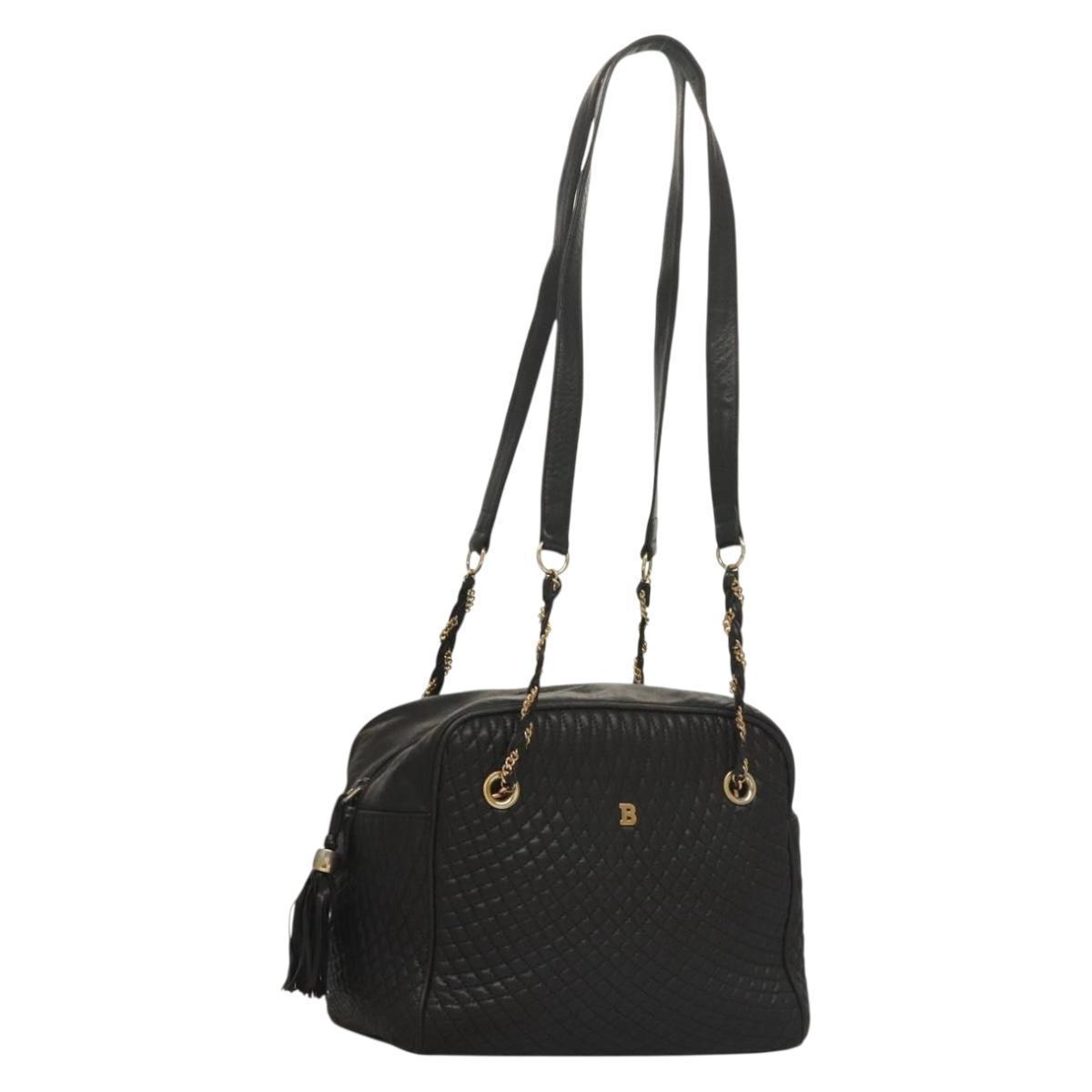 Bally Quilted Chain Shoulder Bag Leather Dark Brown Gold Auth Ba4325